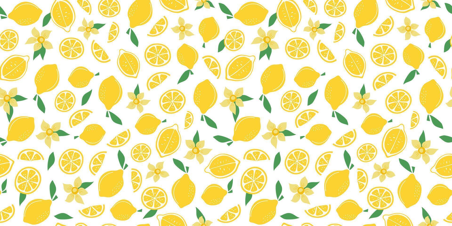 Lemons, pattern with simple abstract fruits. Summer seamless background. Citruses, food. Lemon seamless background. Hand drawn flat style illustration, print for fabric wallpaper. vector