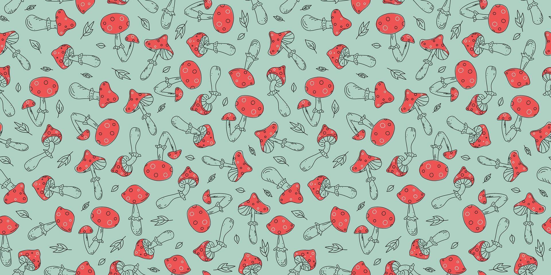 Pattern seamless, fly agaric. Set fly mushrooms and leaves. Repeating background. Hand drawn icons, doodle, illustration. vector