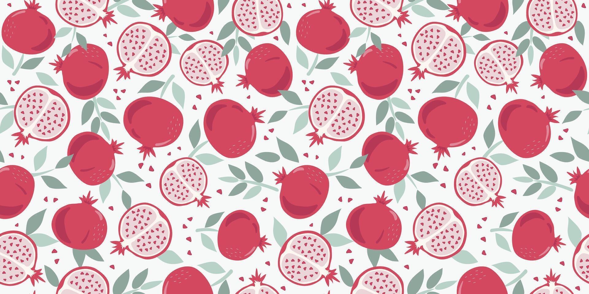 Pomegranate, slices, whole fruit, leaves. Seamless natural pattern with simple abstract fruit. Vitamin natural vegetarian food. Color flat illustration, graphics. vector