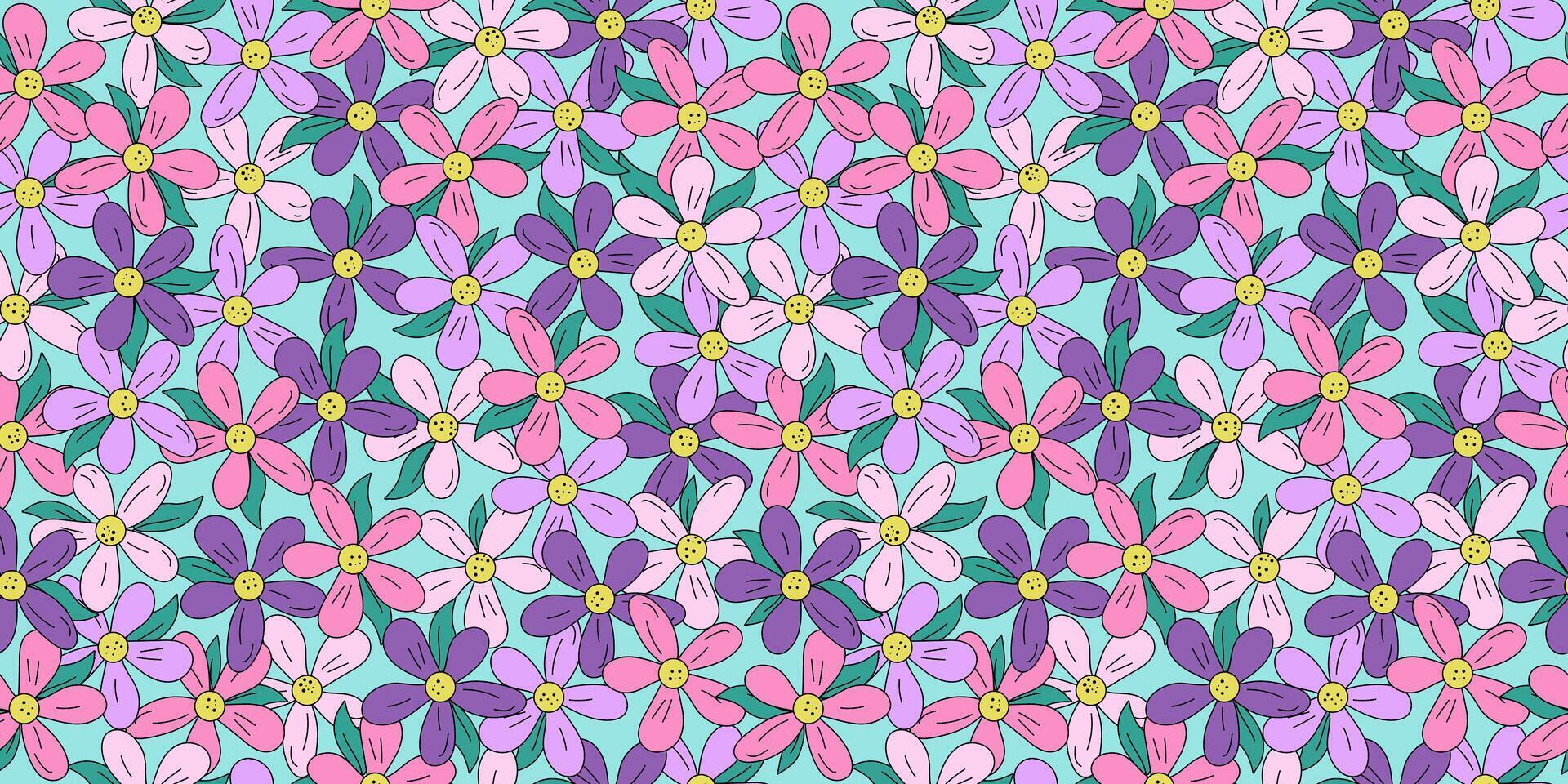 A pattern of colorful flowers. Line drawing, doodle. Simple meadow flower, seamless background. vector