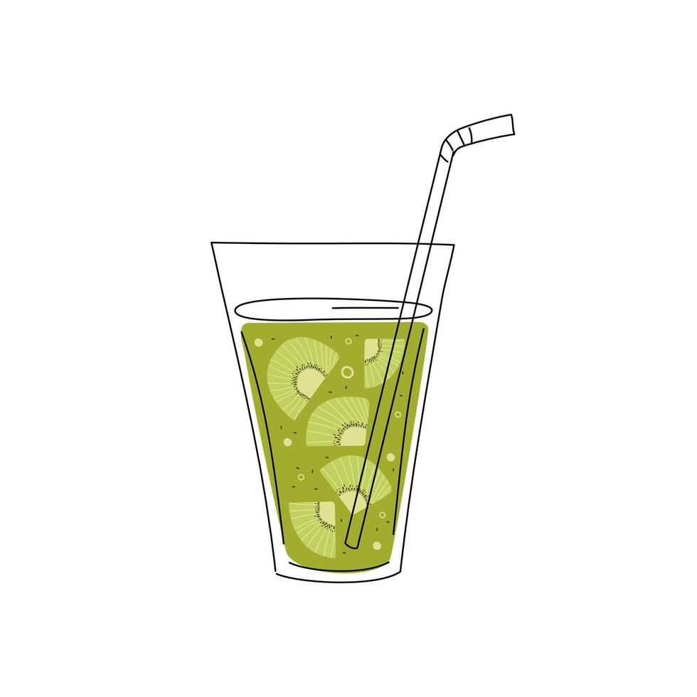 Kiwi juice glass. Natural lemonade in a drinking glass, healthy drink, food, smoothie, detox with fruit, kiwi slices. Healthy Eating. Summer refreshing drink. Doodle illustration. vector