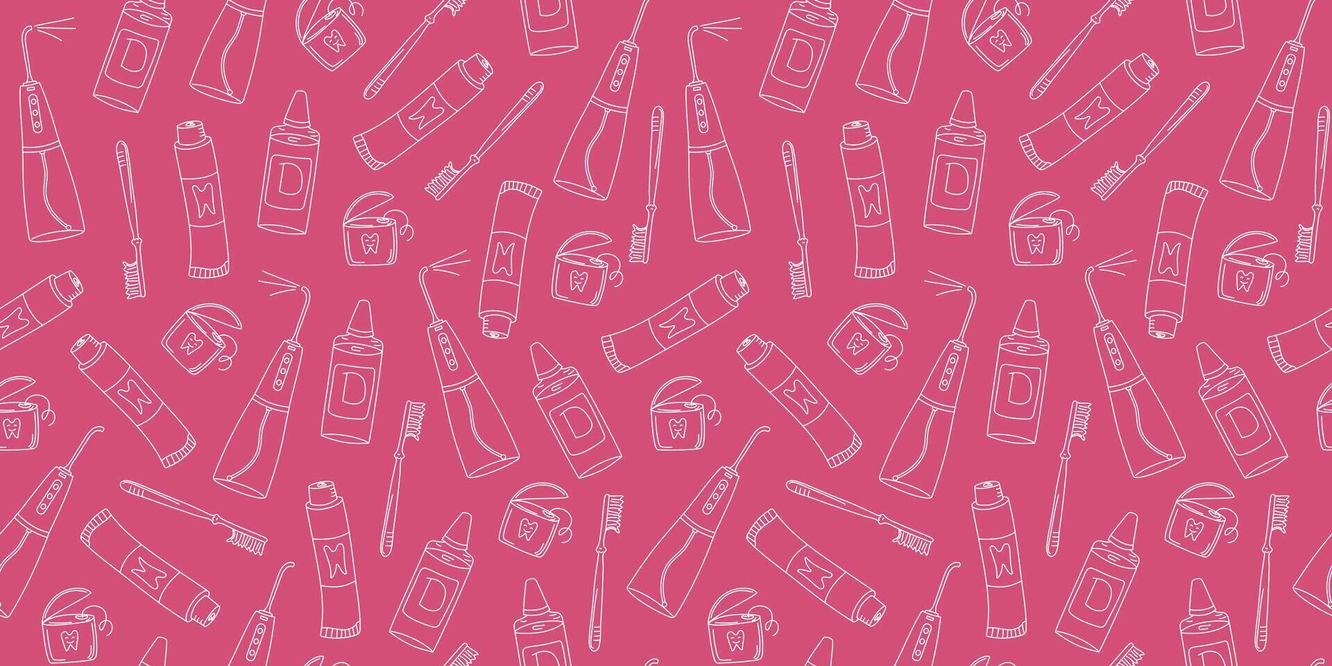 Oral cleaning tools pattern. Dental care supplies, irrigator, toothpaste, toothbrush, toothbrush, tooth protection. Hygiene concepts, health. Seamless background, doodle illustration. vector
