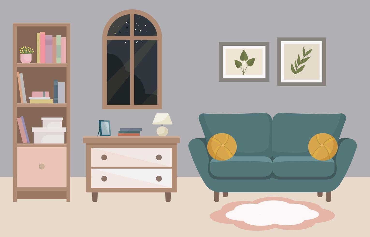 Living room with sofa, window, bookshelf and home decor. Ideal for websites, social media and interior design projects. Home furniture. vector