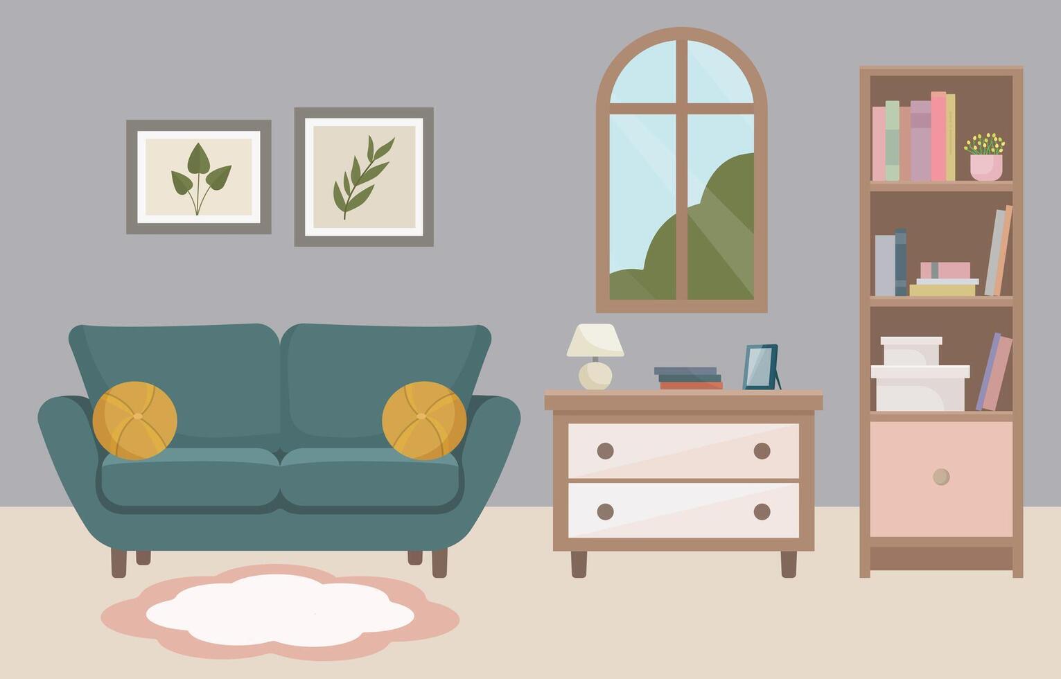Cozy living room with sofa, window, bookshelf and home decor. Ideal for websites, social media and interior design projects. Home furniture. vector