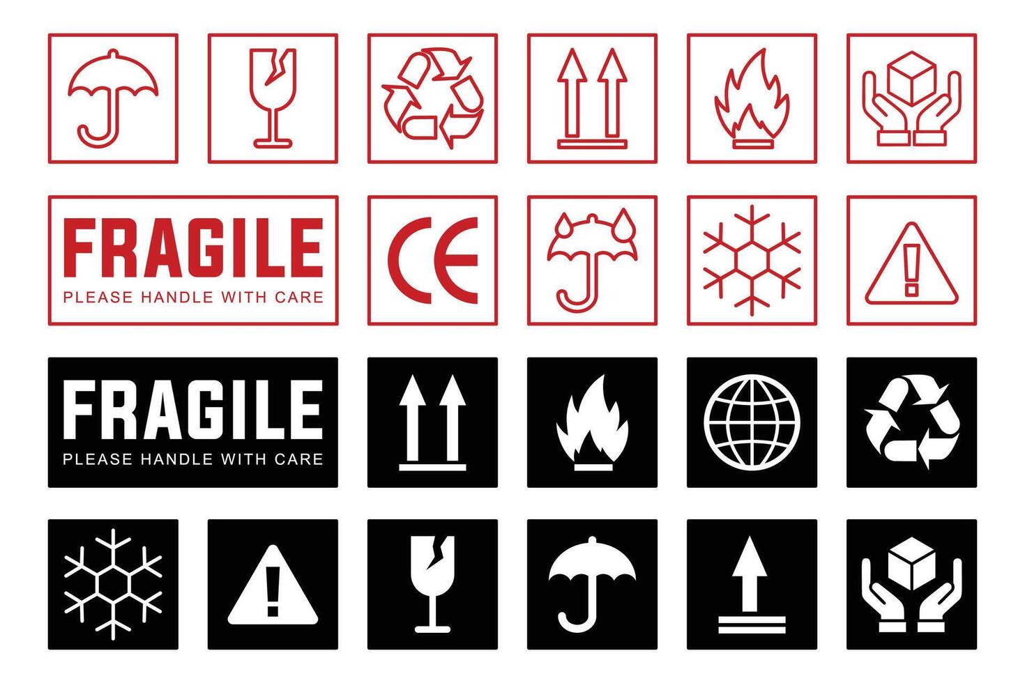 Fragile Sticker Label Set. Handle With Care Shipping Warning Signs for Packages and Logistics vector