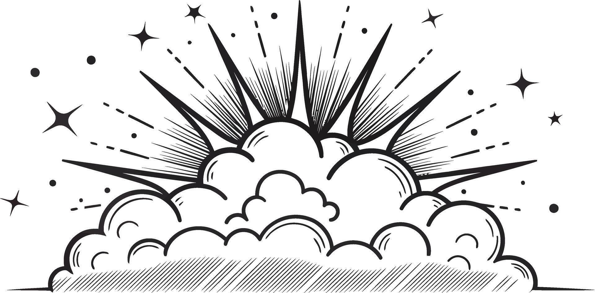 Celestial Sunburst Emerging from Clouds A Stunning Line Art Graphic Design vector