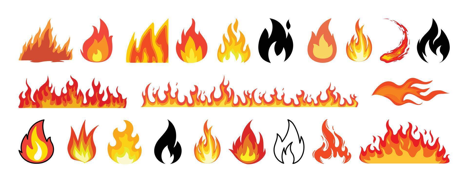 Set of Fire, flame colorful and shilhouette graphic design. vector