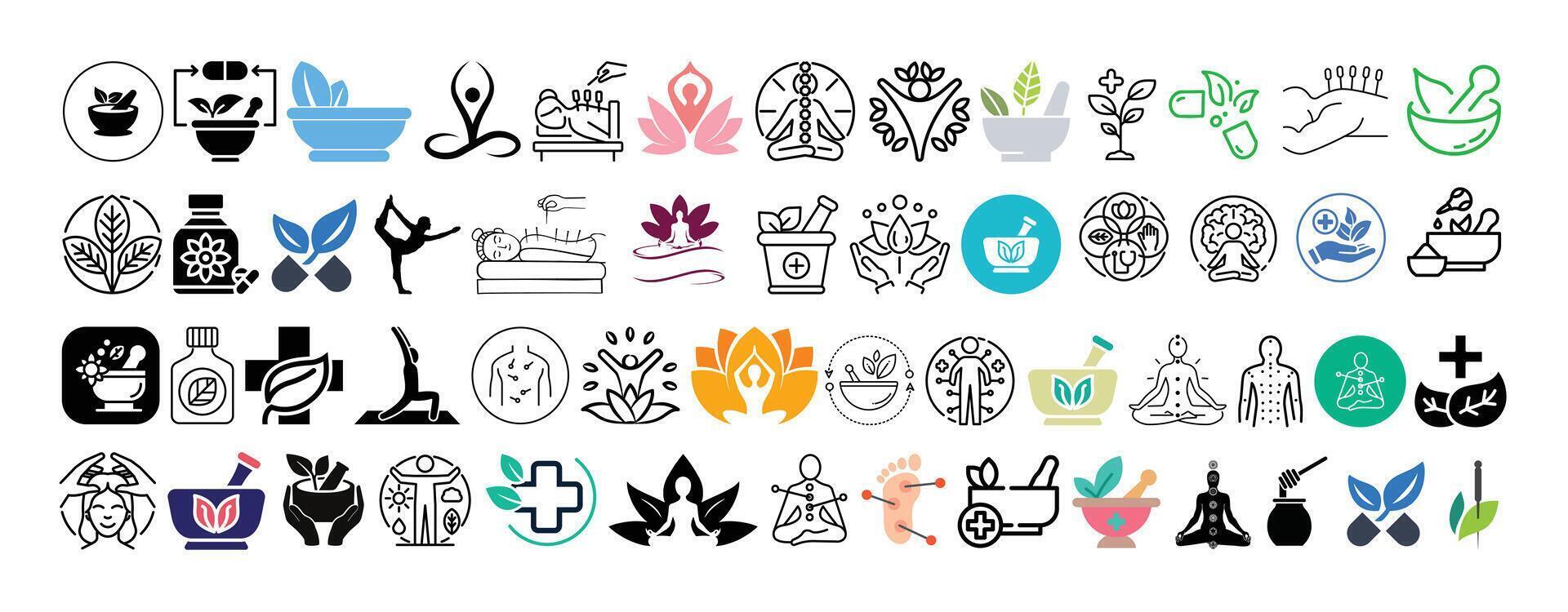 Mega icon Set of Alternative Medicine, Holistic Healing, Yoga, Acupuncture, Natural Healthcare and Herbal Remedies icon set collection design. vector