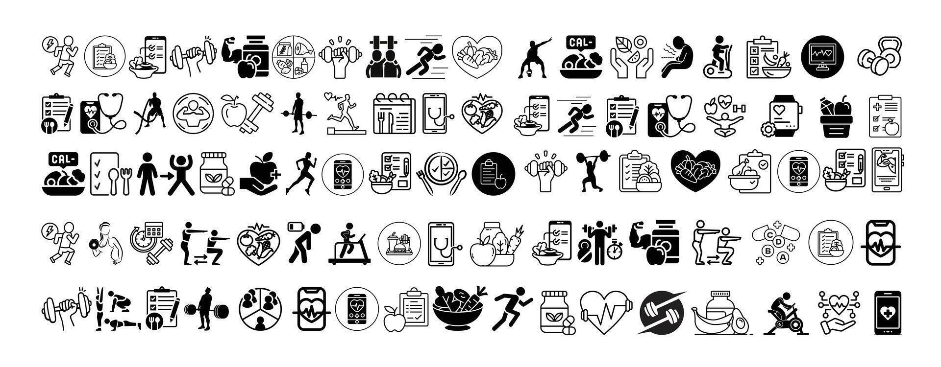 Mega icon collection of Fitness, Nutrition, Gym, Plans, Healthy Food and Health Tracking Apps icon set collection design. vector