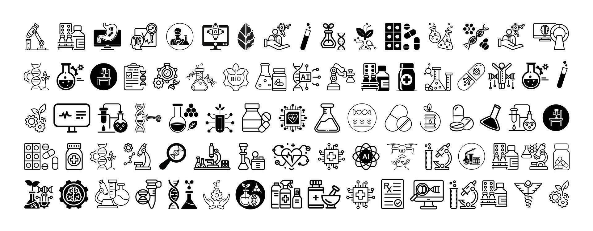 Mega icon collection of Pharmaceutical, Biotechnology, DNA research, Lab equipment, Healthcare and Medical AI icon set collection design. vector