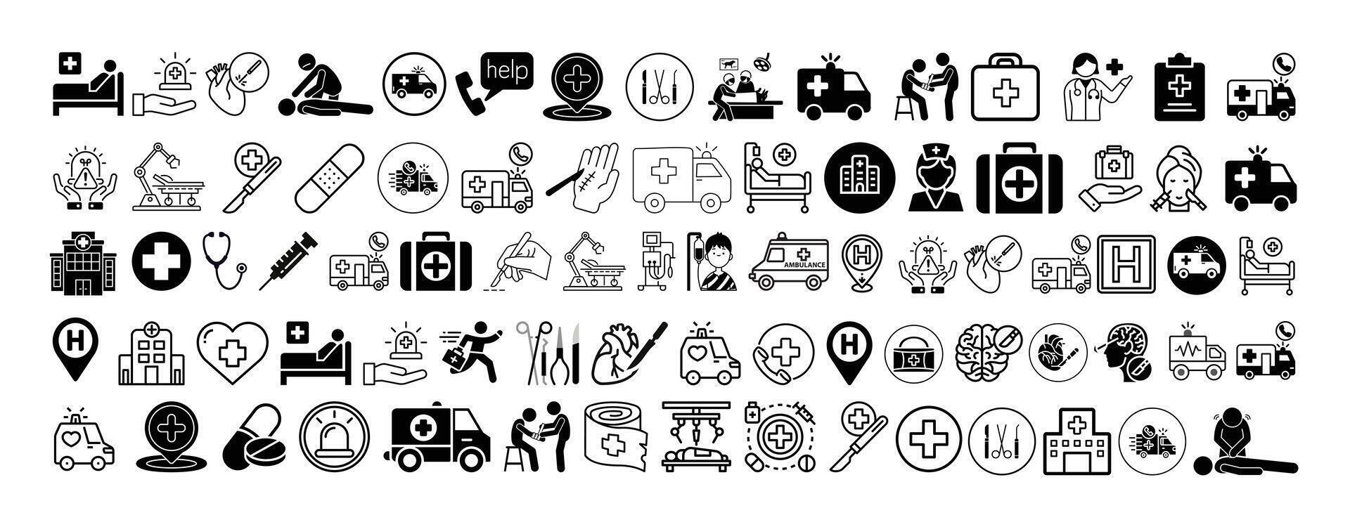 Mega icon collection of Hospital, Emergency Services, Ambulance, First Aid, Healthcare and Surgery icon set collection design. vector
