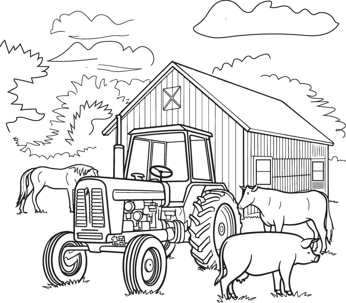 Farm Scene with Tractor, Barn, and Animals, coloring page vector