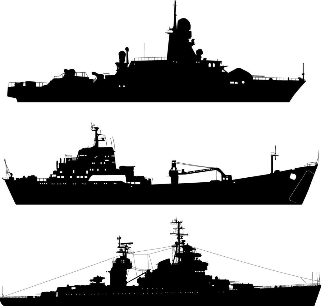 Set silhouette on a white background of a ship military destroyer vector