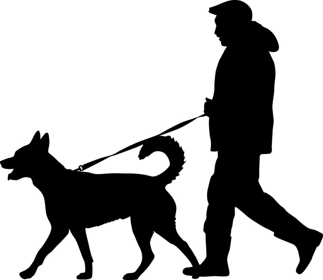 Silhouette of man and dog on a white background vector