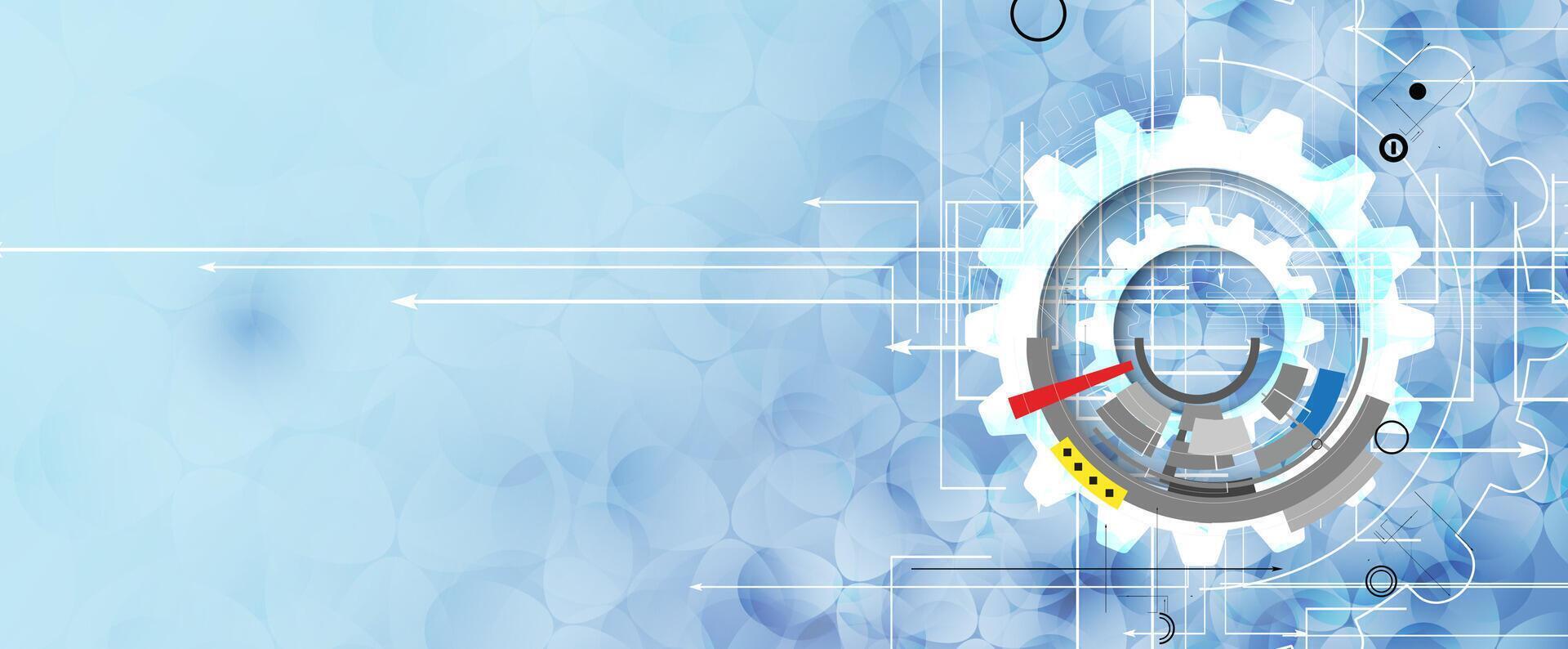 a blue background with a red arrow pointing to a gear wheel vector