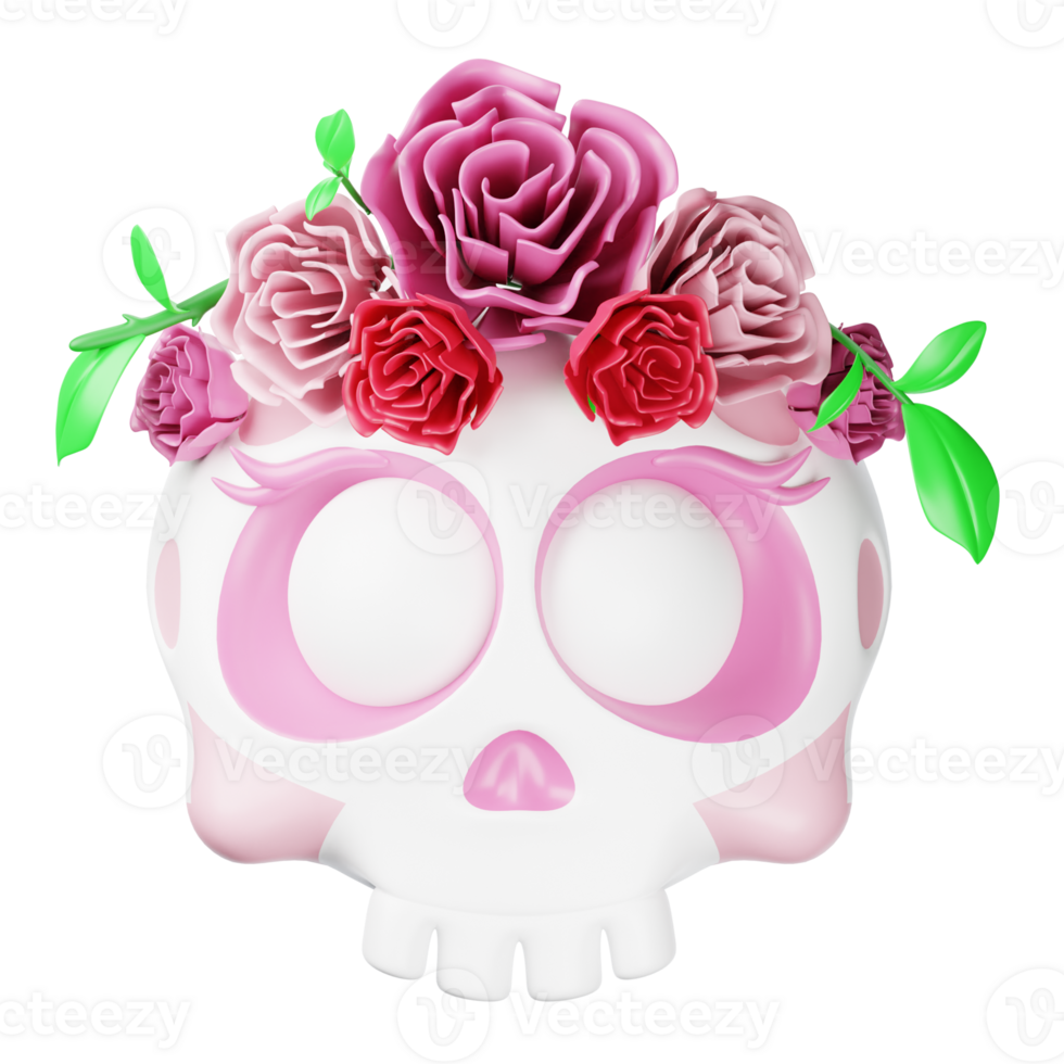 A skull with pink roses on it png