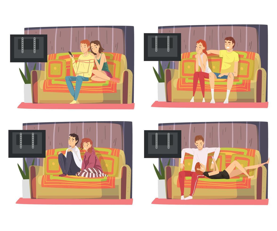 Bored Couples Sitting on Couch and Watching TV Set, Men and Women Spending Time Together at Home, Family Staying Together Illustration vector