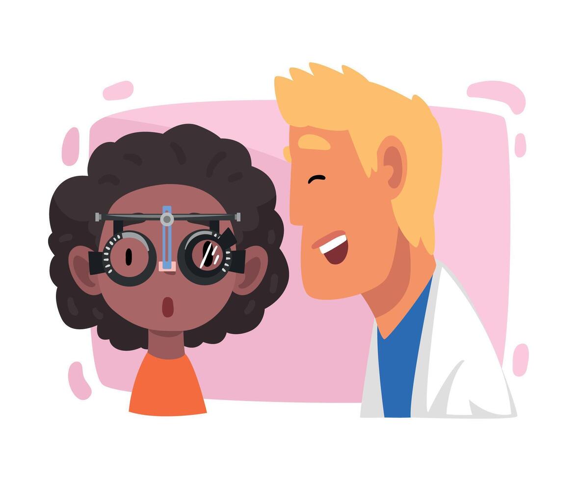Male Ophthalmologist Doctor Doing Eye Test Procedure, Ophthalmology Diagnostics, Vision Correction Cartoon Illustration vector