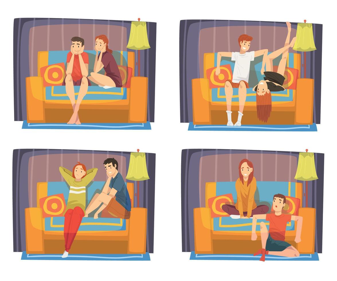 Bored Couples Sitting on Cozy Couches Set, Male and Female Characters Spending Time Together at Home, Family Staying Together Illustration vector