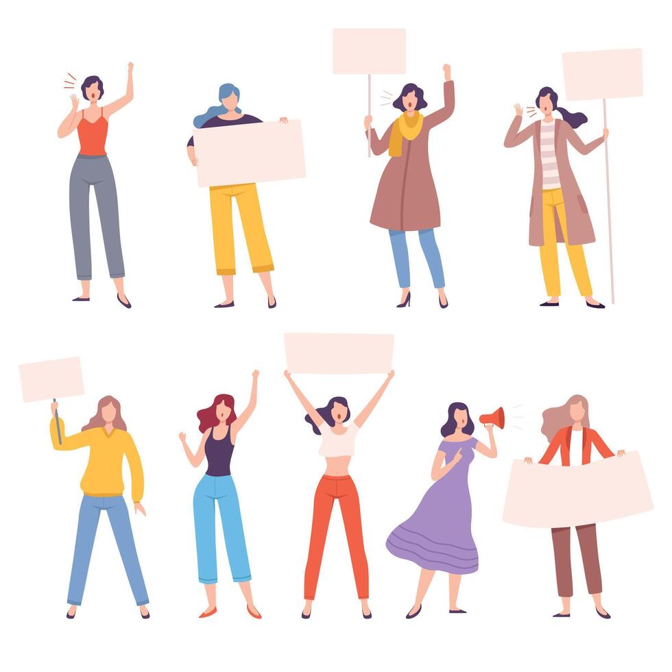 Strong Girls Set, Women Empowerment Movement, Struggle for Freedom, Independence, Equality, Female Power and Rights Concept Flat Style Illustration vector