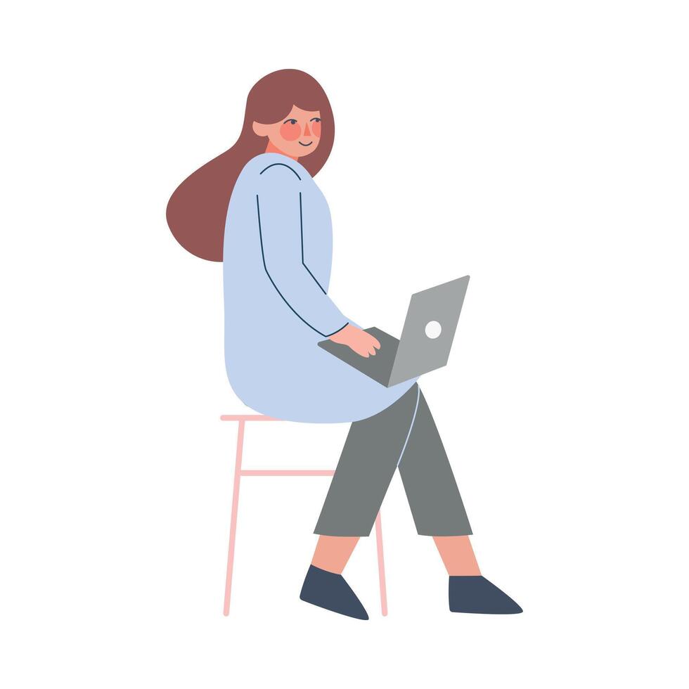 Scientist or Doctor Character Doing Professional Researchers, Woman in White Coat Working with Laptop Computer Flat Style Illustration vector