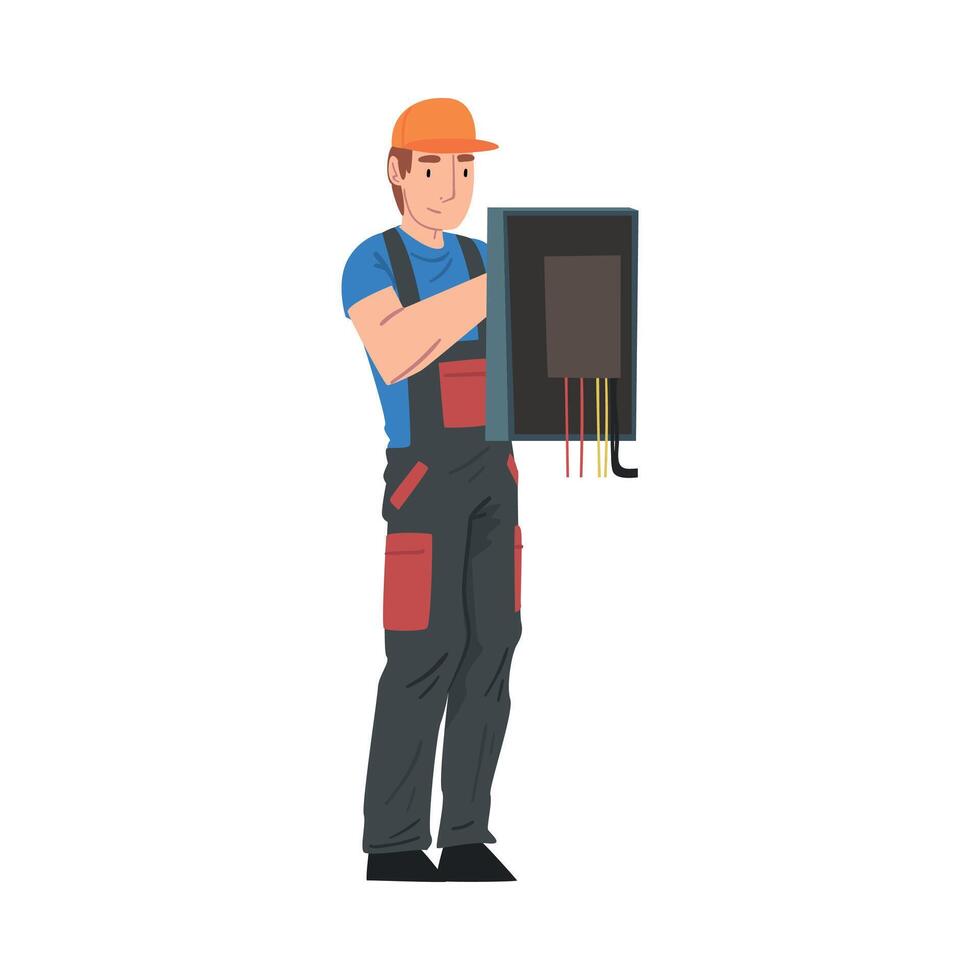 Male Electrician Engineer Repairing Control Panel, Electricity Maintenance Service Worker Character in Uniform and Cap Cartoon Style Illustration vector