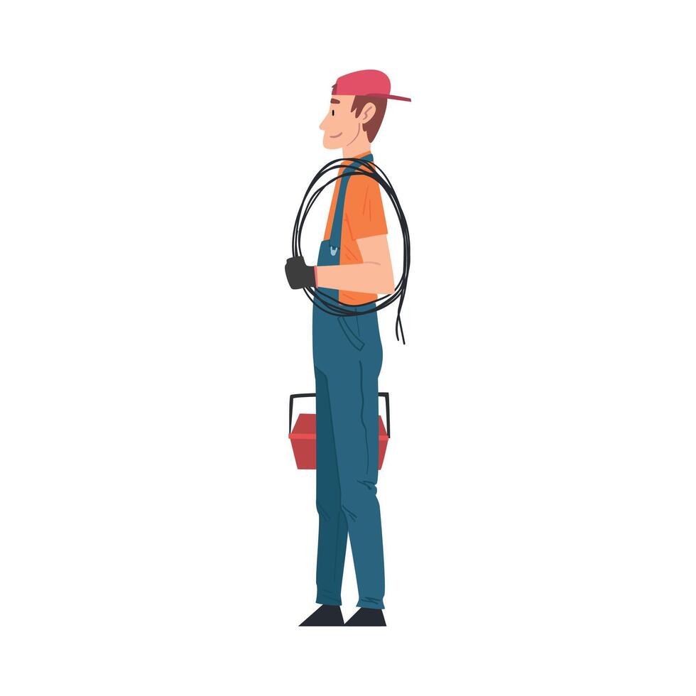 Male Electrician Engineer, Professional Worker Character in Uniform with Cable and Toolbox Cartoon Style Illustration vector