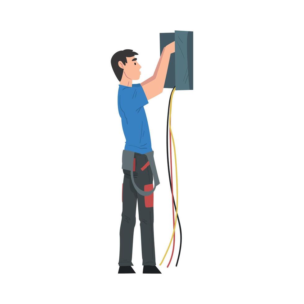 Male Electrician Engineer Repairing Control Panel, Electricity Maintenance Service Worker Character Cartoon Style Illustration vector