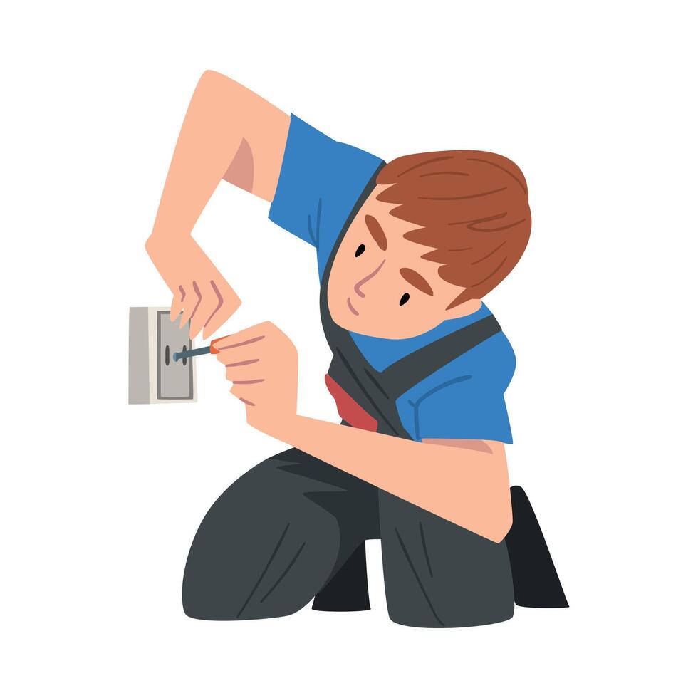Male Electrician Engineer Installing Wall Socket, Professional Worker Character in Uniform Repairing Electrical Equipment Cartoon Style Illustration vector