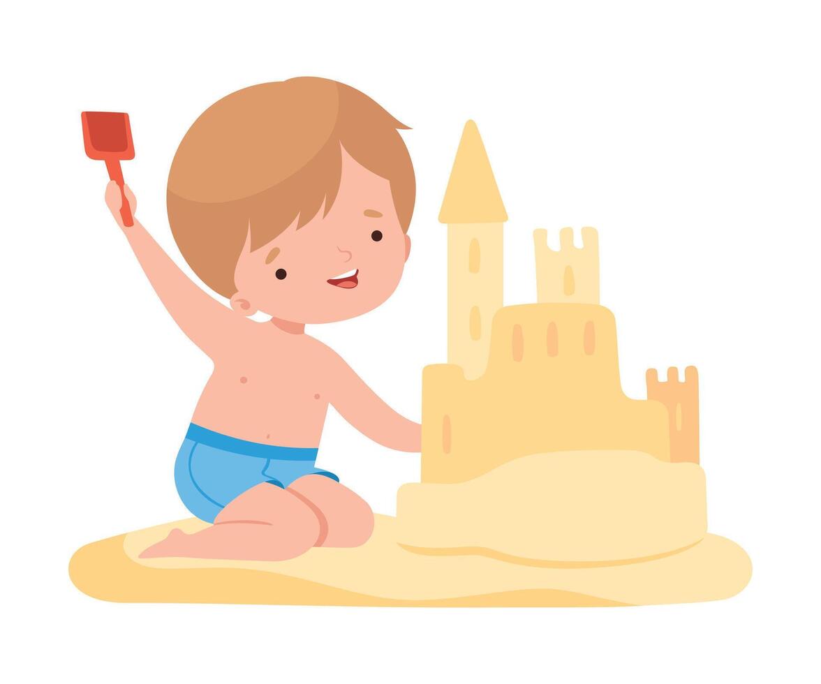 Cute Boy Building Sandcastle, Kids Summer Activities, Adorable Child Having Fun on Beach on Holidays Cartoon Illustration vector