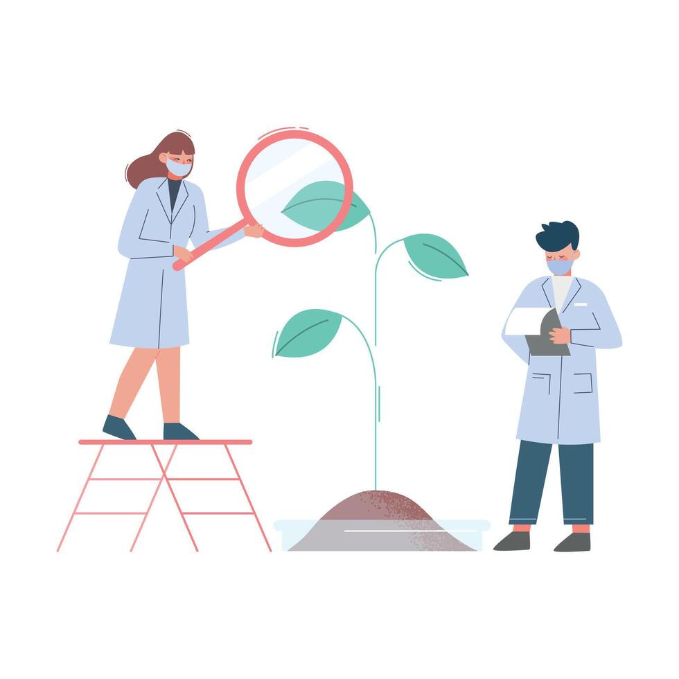 Scientists in Lab, Team of Bioengineers in White Coat and Medical Face Mask Doing Professional Science Researchers with Plant and Magnifying Gass Flat Style Illustration vector