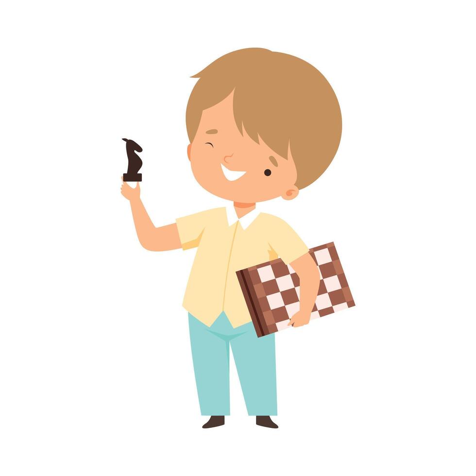 Cute Boy Playing Chess, Kids Hobby or Creative Activity Cartoon Illustration vector