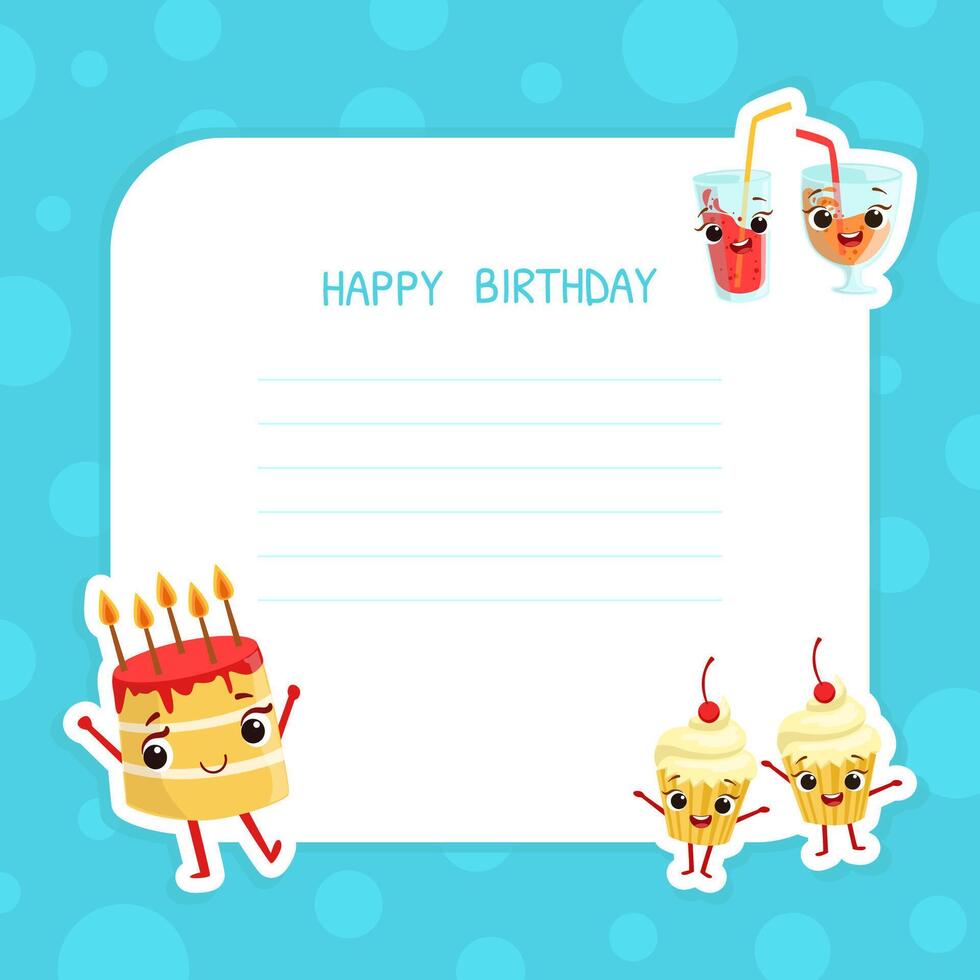 Happy Birthday Banner Template with Space for Text and Cute Funny Desserts Characters, Poster, Invitation or Greeting Card Illustration vector