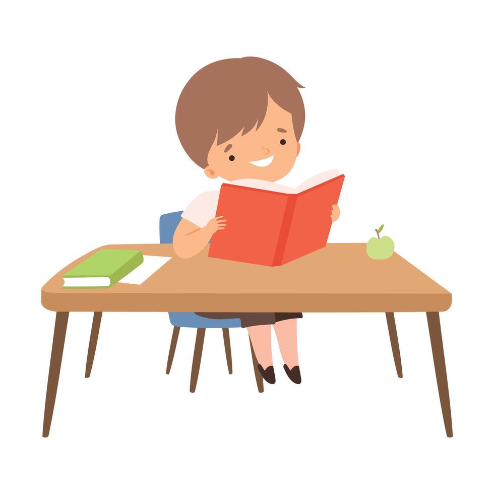 Cute Boy Sitting at the Desk and Reading a Book, Preschool Kid Daily Routine Activity Cartoon Illustration vector