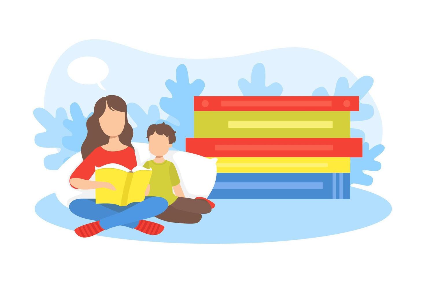 Mother Reading Book to Her Son Sitting Next to Pile of Big Books, Loving Mom and Her Child in Everyday Life at Home Illustration vector