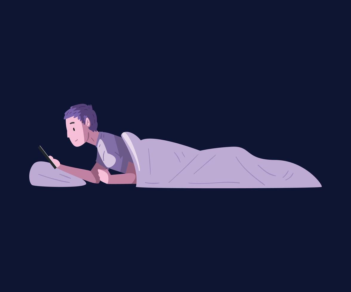 Guy Lying in the Bed with Smartphone, Person Using Digital Gadget at Night Illustration vector