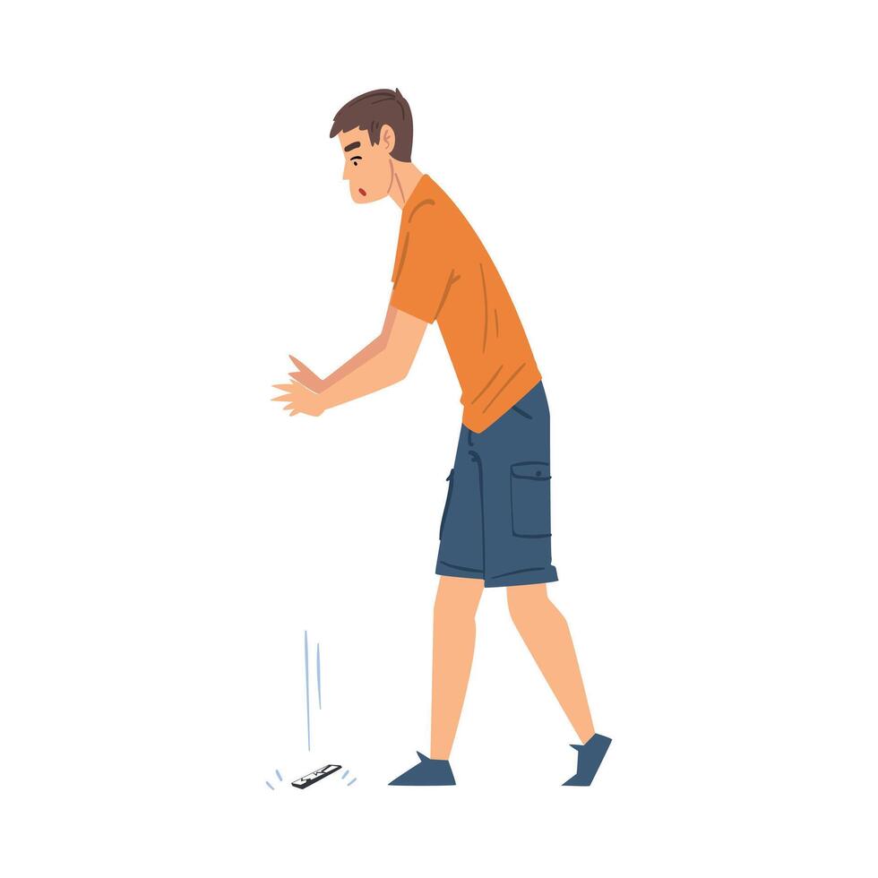 Sad Young Man Dropping His Smartphone Down, Sad Man with Broken Phone Cartoon Style Illustration on White Background vector