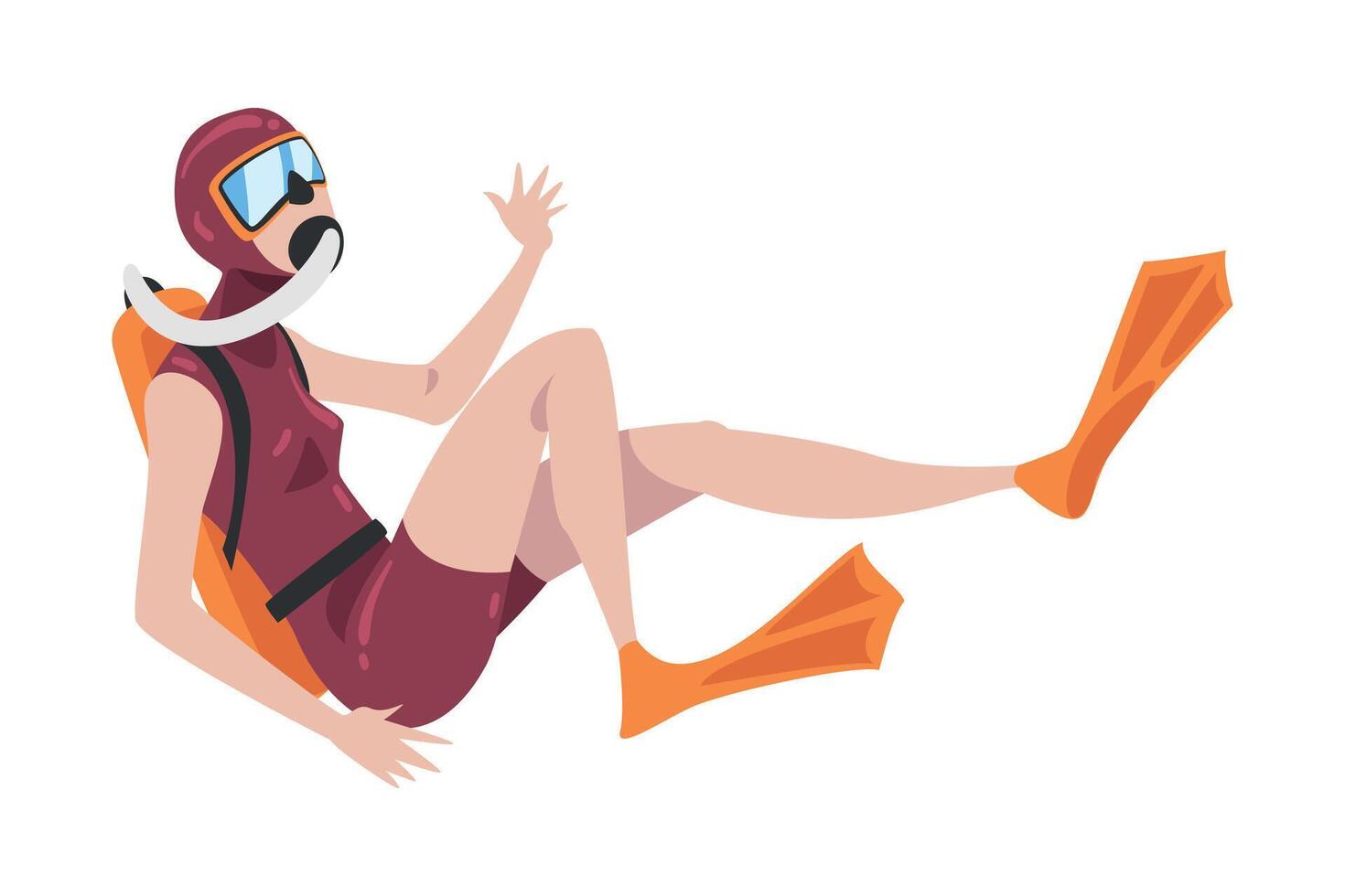 Woman Diver in Wetsuit, Mask and Flippers Diving in the Sea, Summer Water Sport, Extreme Hobby Cartoon Style Illustration vector