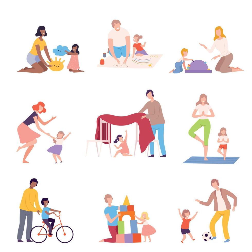 Parents and Kids Spending Time Together at Home Set, Fathers and Mothers Playing, Reading, Dancing and Doing Sports with Their Children Flat Style Illustration vector
