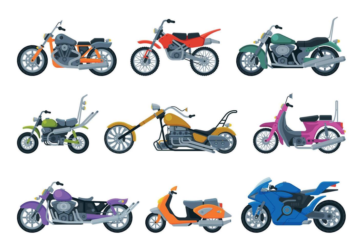 Modern and Retro Motorcycles and Scooters Collection, Motor Bike Vehicles, Side View Flat Illustration vector
