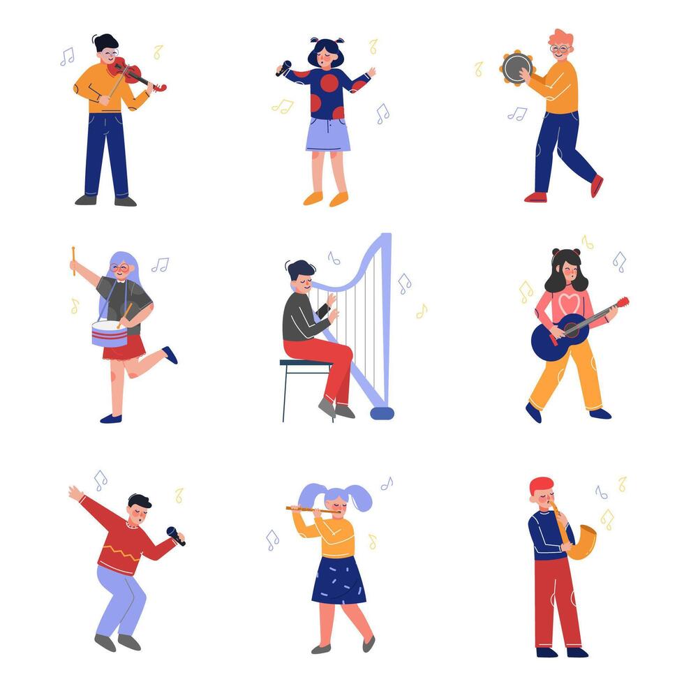 Teen Boys and Girls Playing Different Musical Instruments and Singing, Talented Musicians Characters Playing Guitar, Violin, Drum, Flute, Saxophone, Harp, Guitar, Tambourine Illustration vector