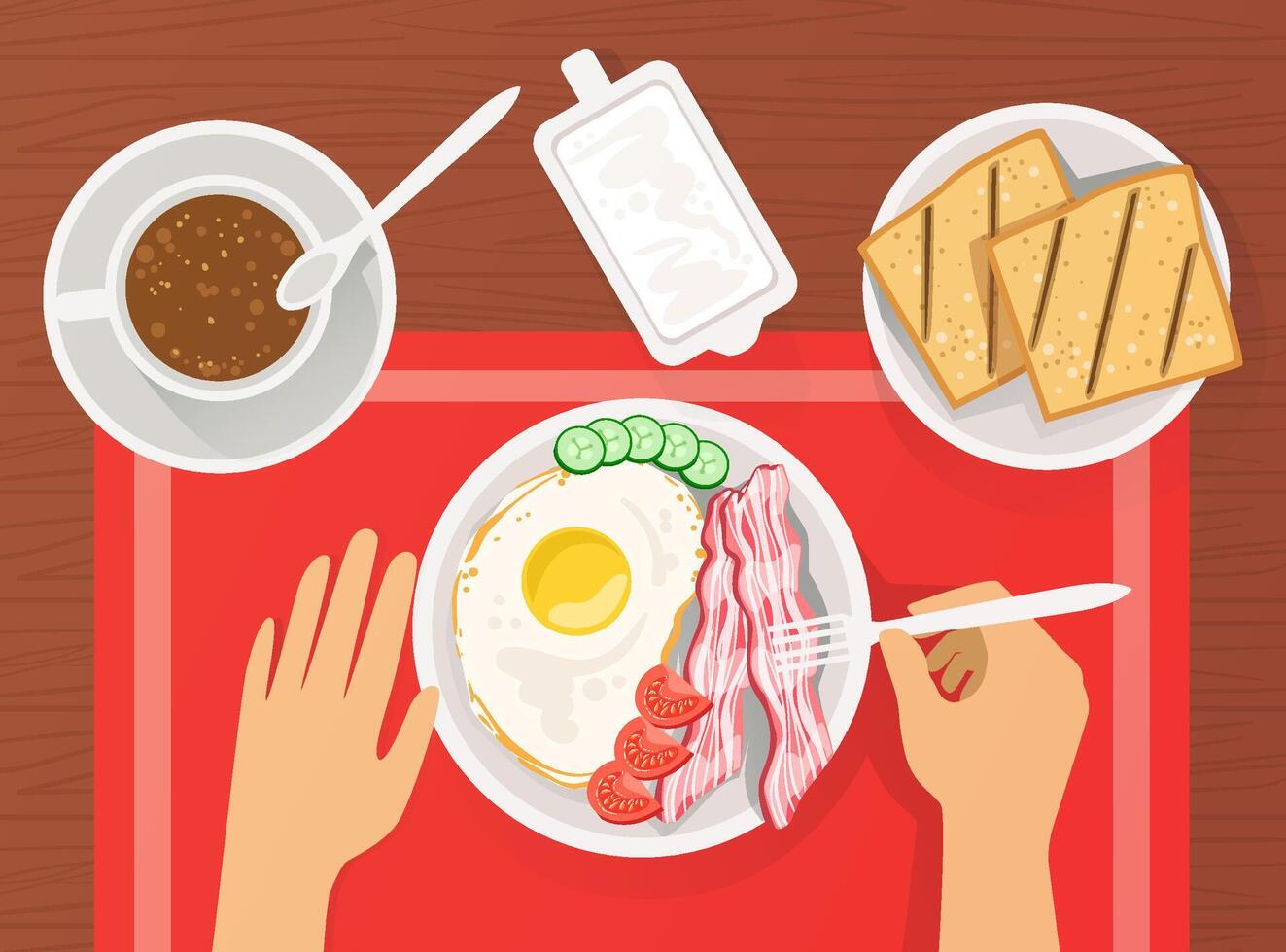 Person Having Traditional Breakfast with Scrambled Eggs, Bacon, Toast and Cup of Hot Drink, View from Above Illustration vector