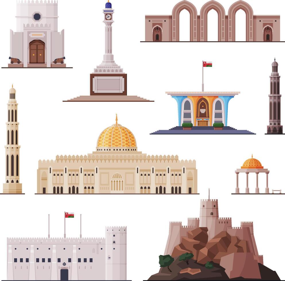 Travel to Oman, Muscat City Architecture, Famous Landmarks Collection Flat Illustration vector