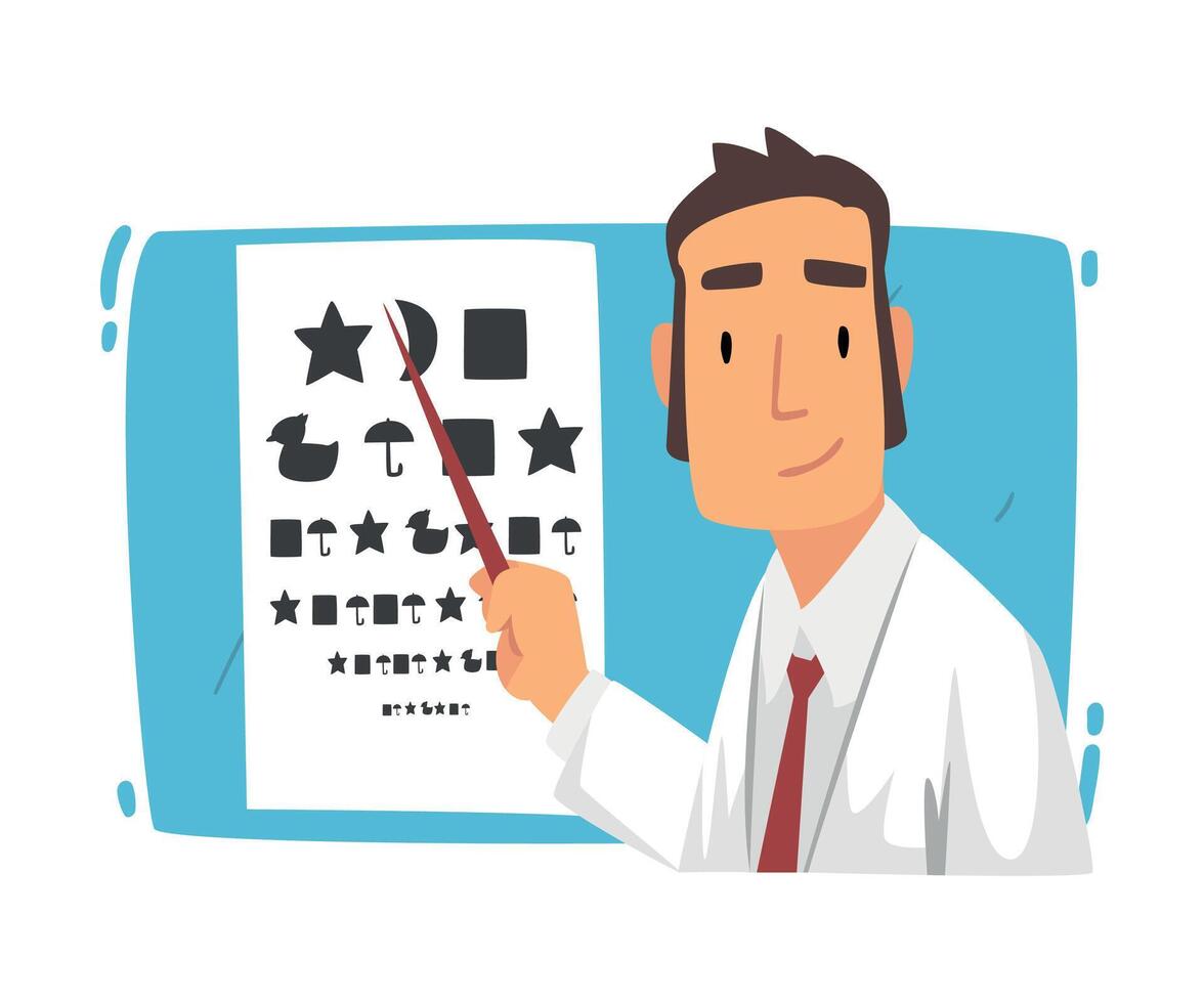 Ophthalmologist Doctor Doing Eyesight Test, Ophthalmology Diagnostics, Vision Correction, Medical Treatment and Healthcare Cartoon Illustration vector