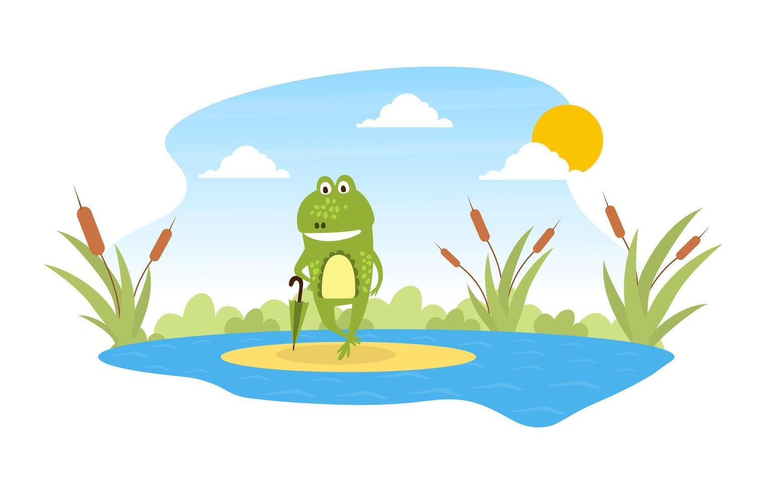 Green Funny Frog Standing with Umbrella on Leaf in Pond, Cute Amphibian Creature Character Posing on Lily Pad Cartoon Illustration vector