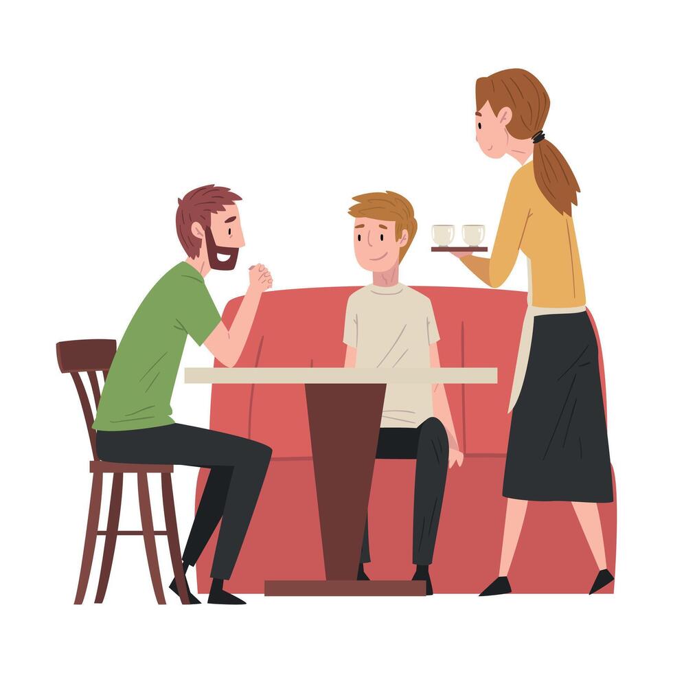 Two Male Friends Sitting at Table in Cafe and Waitress Serving Them, People Drinking Coffee and Relaxing at Coffeehouse or Coffee Shop Illustration vector