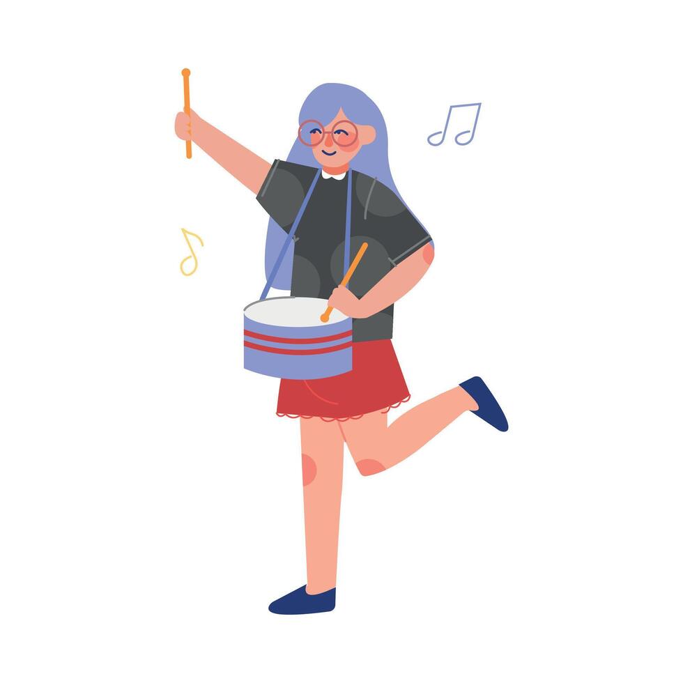 Teen Girl Playing Drum Musical Instrument, Young Talented Musician Character Illustration on White Background vector