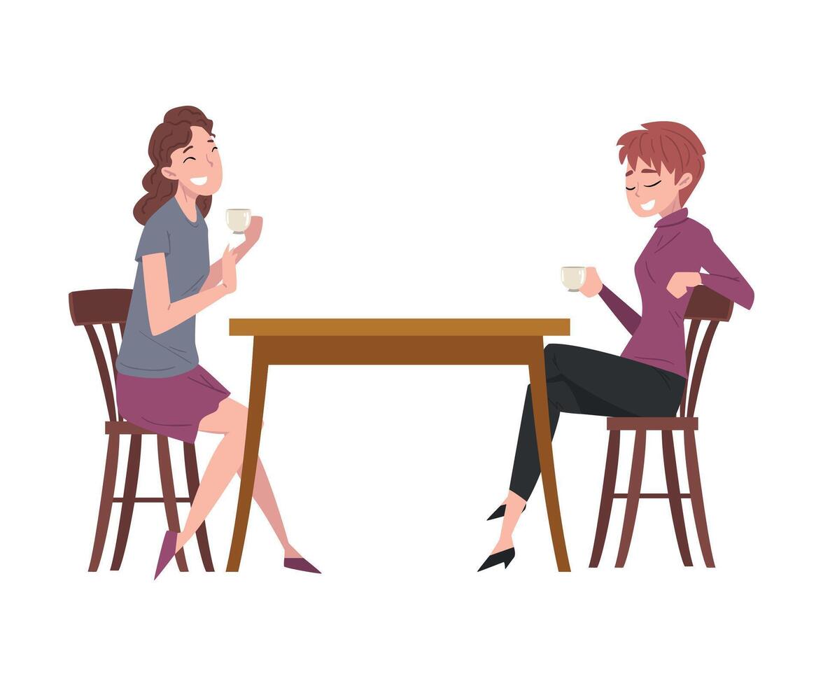 Two Girls Sitting at Table in Cafe, People Drinking Coffee and Relaxing at Coffeehouse or Coffee Shop Illustration vector
