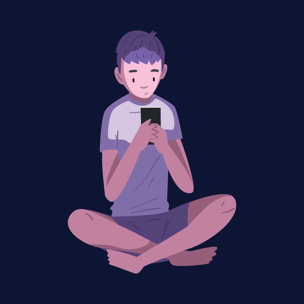 Teen Boy Sitting with Smartphone at Night, Person Using Digital Gadget for Playing Online Game or Chatting on Social Networks Illustration vector