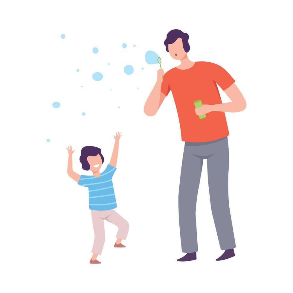 Father and Son Blowing Soap Bubbles, Parent and Kid Spending Time Together Flat Style Illustration vector